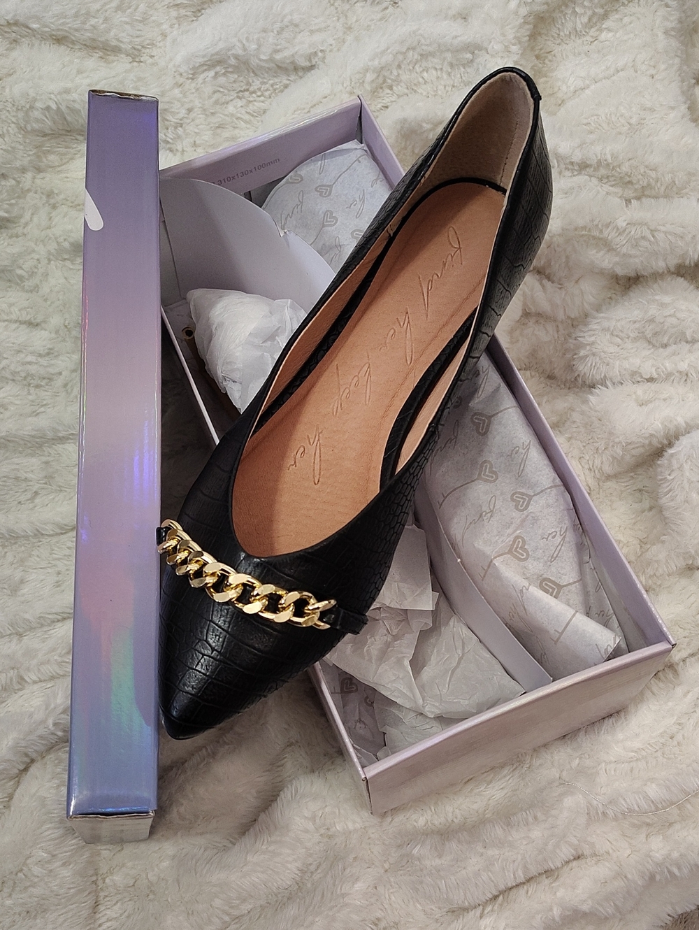 Black Pointed-Toe Chain-Detail Ballet Flat